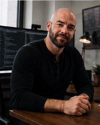 Kameron Frisby at his desk in front of code